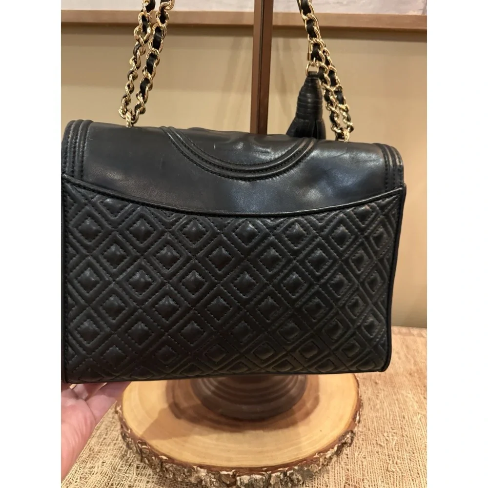 Tory Burch Fleming Black Leather Convertible Shoulder‎ Bag Quilted Tassel Large